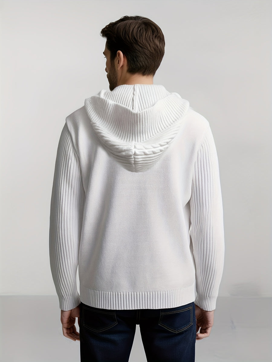 Men's Knitted Cardigan, Hooded Knit Cardigan, Simple and Textured Style, Loose Fit, Hooded Design, Large Lapel Collar, Buttonless Cardigan, Vertical Rib and Cable Knit Blend, Suitable for Various Daily Occasions, Effortlessly Create a Simple - White