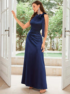 Vintage 1950S Sleeveless Satin Elegant Necktie Ball Gown, Host Dress - navy blue