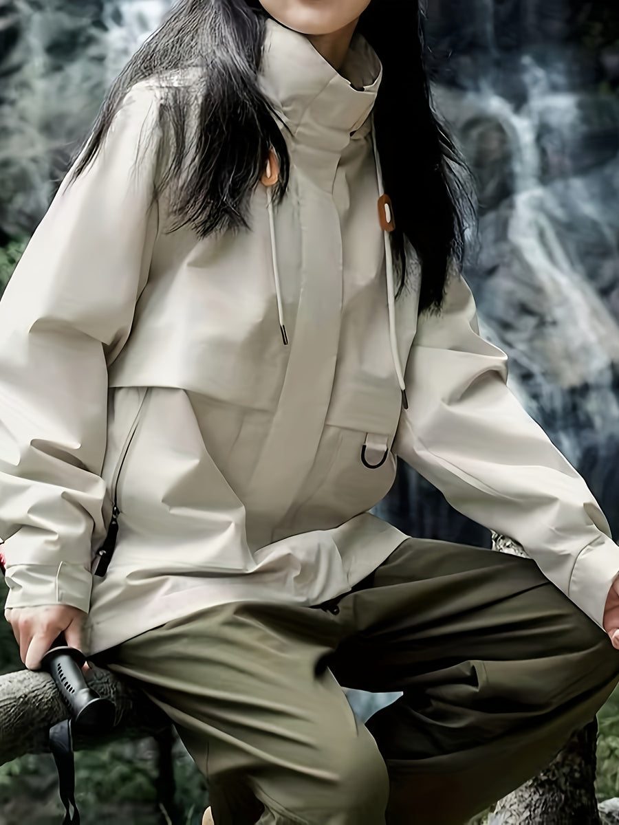 Women's Outdoor Windbreaker Jacket, Stylish Autumn/Winter Outerwear, Casual Loose Windproof Jacket, Fashionable Cardigan Workwear Trench Coat - Off-white