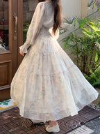 New French-Style Floral Print Dress, Autumn/Winter Long Sleeve Chiffon Tea Break Maxi Dress, Waist-Cinching Long Dress, High-End Beach Vacation Bridesmaid Dress, Elegant Party Women's Dress, Party Gown - Champagne