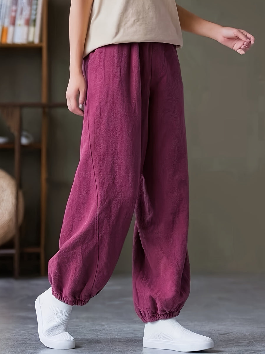 Loose and Breathable Vintage High-waist Tapered Patchwork Casual Wide-leg Long Pants Solid Color Casual Lantern Pants - Burgundy