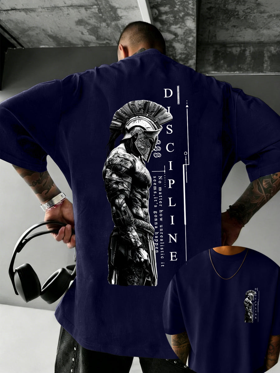 Men'S 100% T-Shirt, Spartan Warrior Discipline Print, All-Season Wear, Casual Sporty Comfortable Breathable - Navy blue color