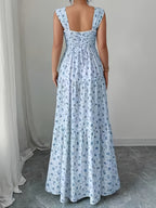 Elegant Printed Tiered Tunic Dress | Square Neck, Sleeveless, Long Length, Trapeze Hem, Regular Fit For Adults - Multicolor