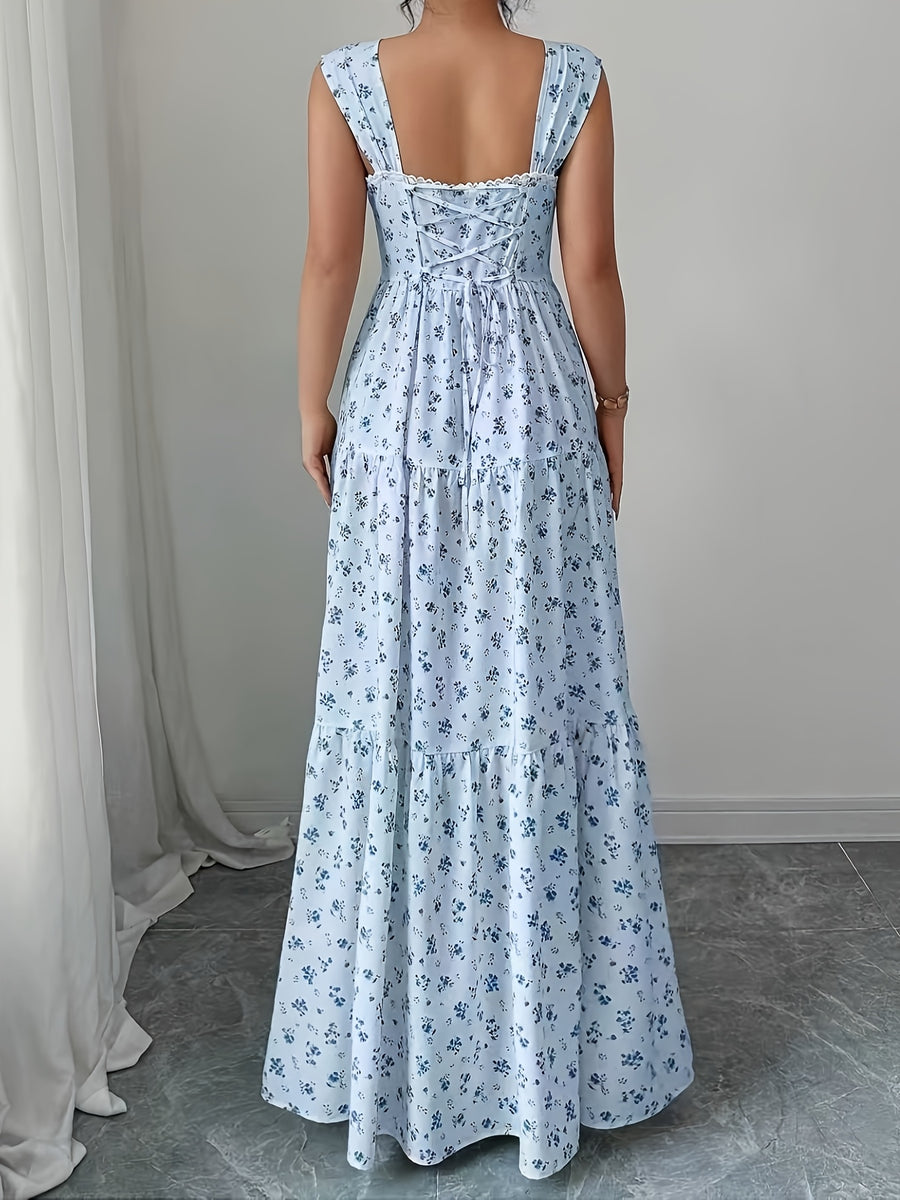 Elegant Printed Tiered Tunic Dress | Square Neck, Sleeveless, Long Length, Trapeze Hem, Regular Fit For Adults - Multicolor