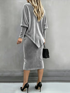 Women'S Autumn Winter New Style, Skirt And Top Two-Piece Set: Elegant Solid Color High Neck Long Sleeve Irregular Top with Casual Commuter Mid-Length Stretchy Skirt - Grey