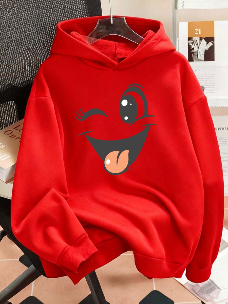 Plus Size 1pc Fashion Women's Autumn/Winter Warm Hooded Sweatshirt with an Elegant and Beautiful Y2K Style Casual Sweatshirt Featuring a Cartoon Smiling Face Print, Winking and Sticking Out Tongue, Playful and Cute. Pattern Print Plus Size -Lined - Red