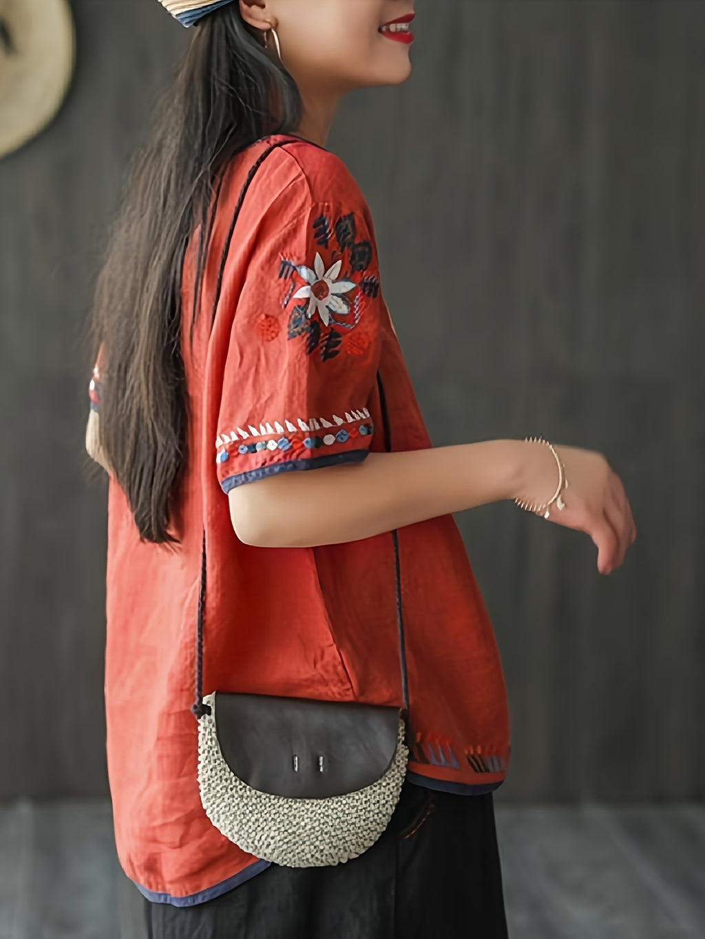 New Ethnic Style and Embroidered T-shirt for Women in Summer, Retro and Artistic, Loose and Oversized, and Versatile Short Sleeved Top The Chest, Cuffs, and Hem Are All Covered in Embroidered Patterns with Bohemian/ethnic Style - Red