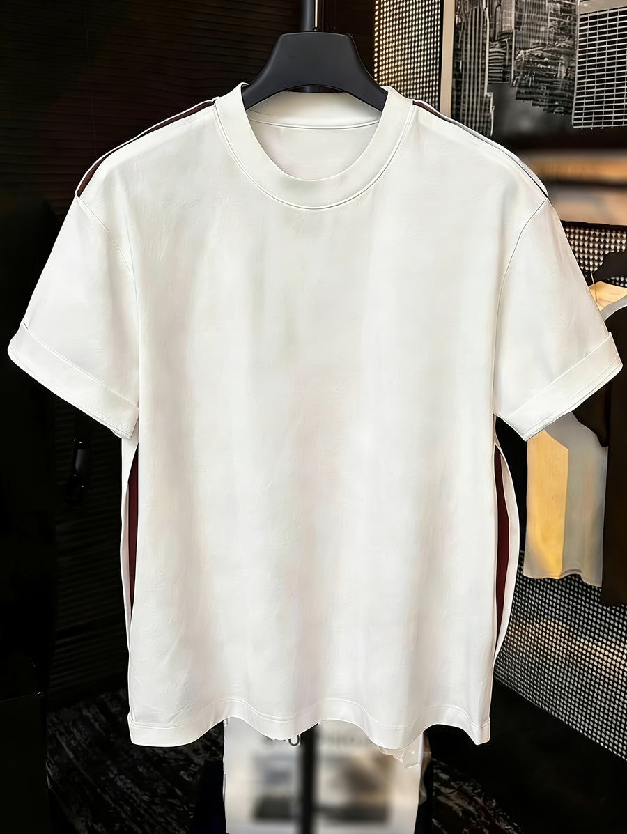 Men's Casual T-Shirt, New Summer Style, In-Stock Men's Fashion Structural Patchwork Design, Round Neck Simple Short Sleeve T-Shirt, High-End Versatile Top - White