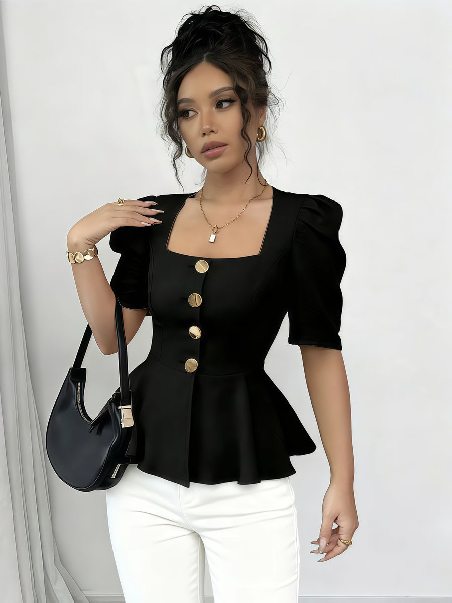 Women'S Summer Blouse, Square Neck, Short Sleeves, Slim Fit Waist, Fabric, Everyday Fashionable And Elegant Ruffle Top - Black