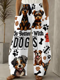 Women's Standard Size Comfortable& Breathable Wide-Leg Pants, White Base with Cute Cartoon Dog Print, Adorable Pet Paw& Bone Patterns, Elastic Waist, Loose&, Pocketed, Draped Casual Long Trousers - Mixed colors