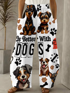 Women's Standard Size Comfortable& Breathable Wide-Leg Pants, White Base with Cute Cartoon Dog Print, Adorable Pet Paw& Bone Patterns, Elastic Waist, Loose&, Pocketed, Draped Casual Long Trousers - Mixed colors
