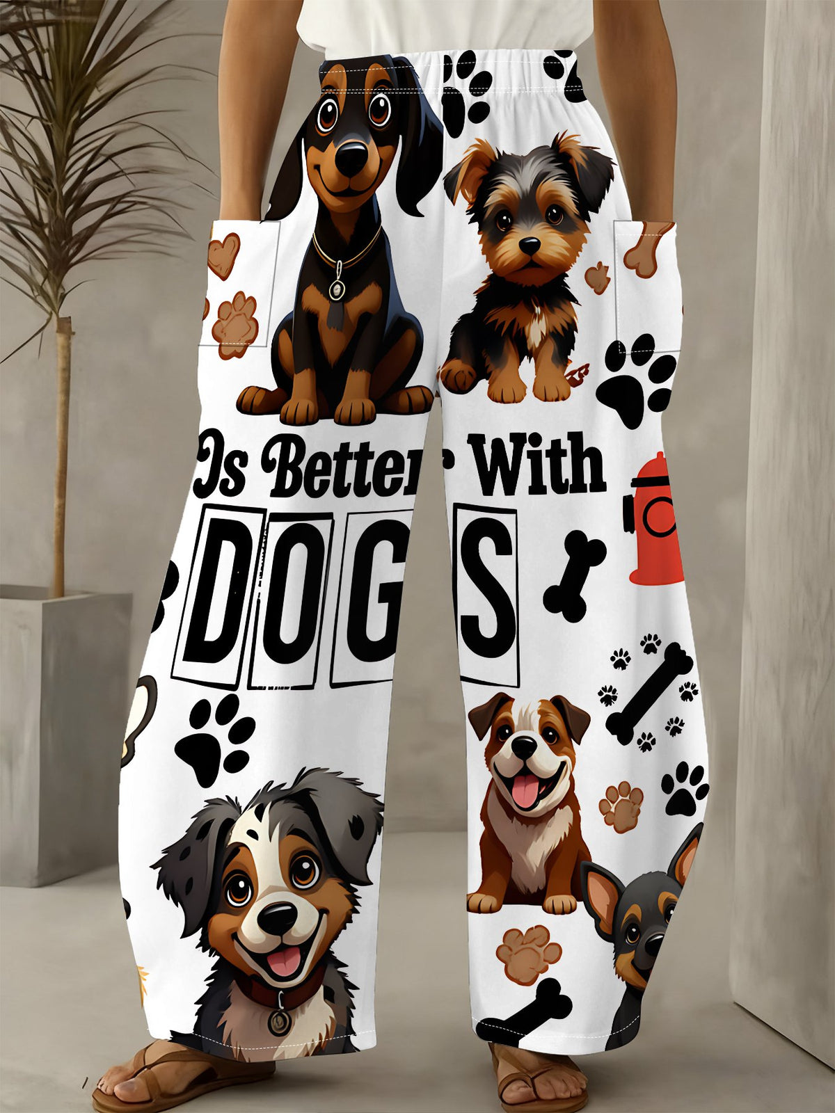 Women's Standard Size Comfortable& Breathable Wide-Leg Pants, White Base with Cute Cartoon Dog Print, Adorable Pet Paw& Bone Patterns, Elastic Waist, Loose&, Pocketed, Draped Casual Long Trousers - Mixed colors