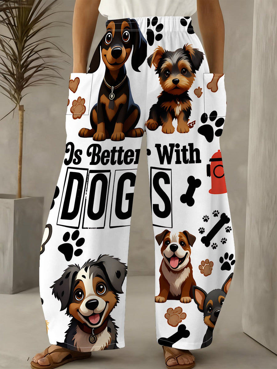 Women's Standard Size Comfortable& Breathable Wide-Leg Pants, White Base with Cute Cartoon Dog Print, Adorable Pet Paw& Bone Patterns, Elastic Waist, Loose&, Pocketed, Draped Casual Long Trousers - Mixed colors