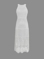 Women's Casual Sleeveless Halter Neck Sweater Dress - Lightweight Knit Long Flowy Dress with Cut-Out Details, Semi-Sheer Solid Color for Spring & Fall, Hand Wash/Dry Clean - White