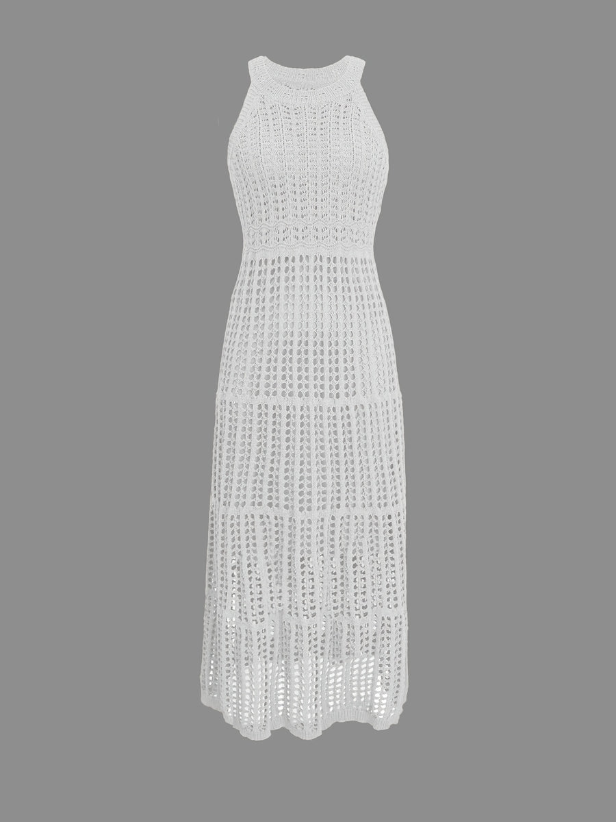 Women's Casual Sleeveless Halter Neck Sweater Dress - Lightweight Knit Long Flowy Dress with Cut-Out Details, Semi-Sheer Solid Color for Spring & Fall, Hand Wash/Dry Clean - White