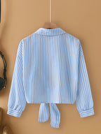 French-Style Striped Long-Sleeve Tie-Neck Shirt for Women - Bright Steel Blue
