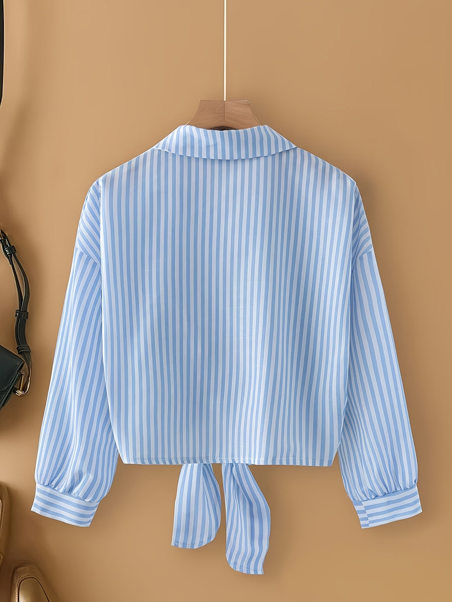 French-Style Striped Long-Sleeve Tie-Neck Shirt for Women - Bright Steel Blue