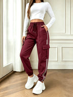 2026 New Striped Drawstring Elastic Waist Sporty Casual Women's Cargo Pants - Burgundy
