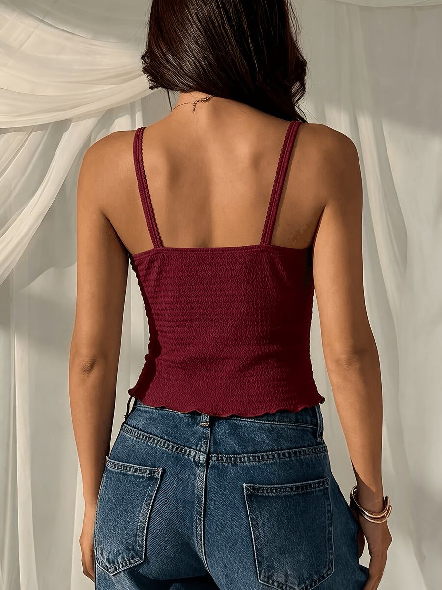 Women's Solid Color Pleated Casual Versatile Everyday Camisole, Summer Top, Women's Summer Outfit, Women's Vacation Top, Women's Summer Beach Top, Women's Cute Sleeveless Summer Top, Women's Blouse Top, Women's Latest Beach Top, Women's New - Maroon 2