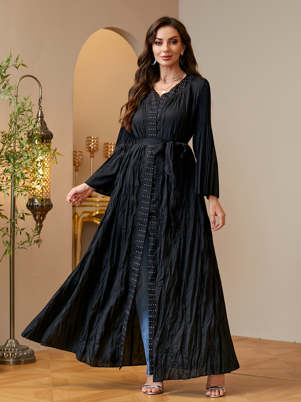 Women'S Modest Black Crinkled Pleated Abaya Open Front Long Cardigan with Belt Rhinestone Sparkle Dubai Saudi Arabia Kimono Duster Coat High Quality Pleated Robe Outerwear Banquet Evening Wear - Black