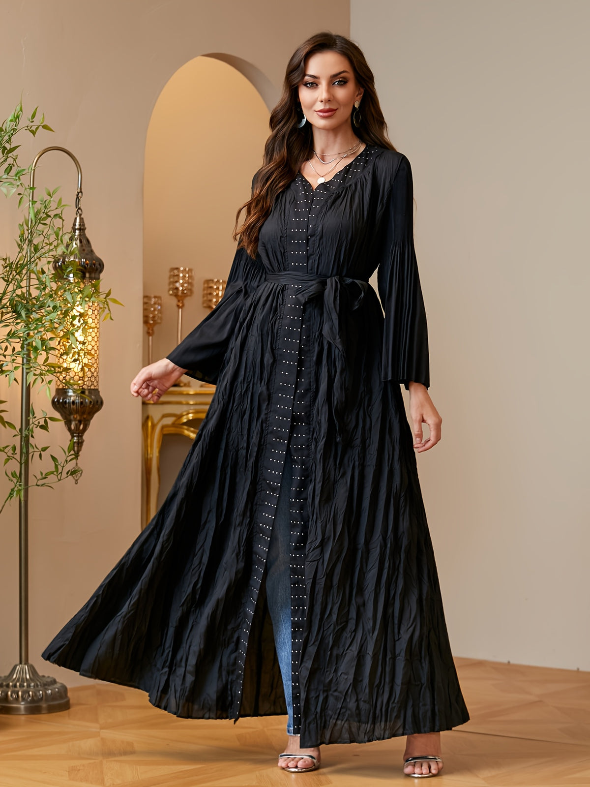 Women'S Modest Black Crinkled Pleated Abaya Open Front Long Cardigan with Belt Rhinestone Sparkle Dubai Saudi Arabia Kimono Duster Coat High Quality Pleated Robe Outerwear Banquet Evening Wear - Black