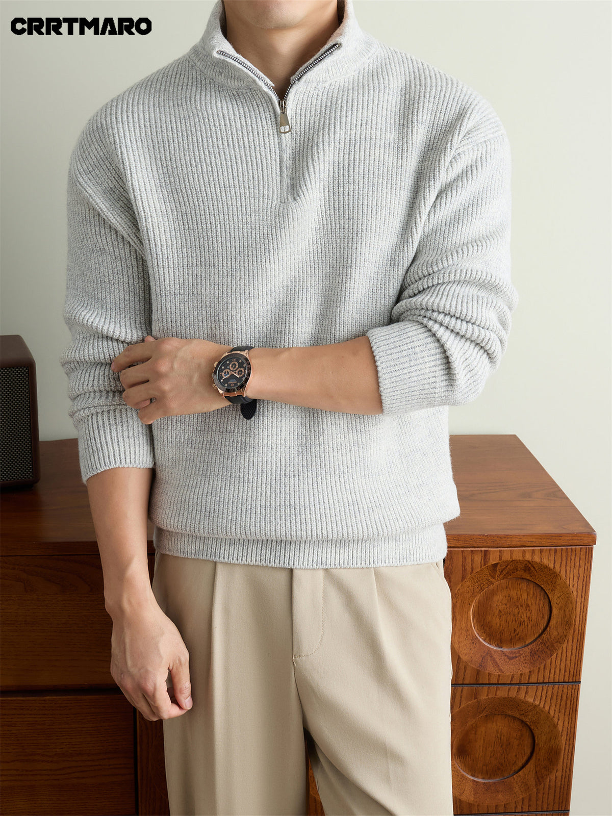 Men'S Heavyweight Thick Zip Neck Stand Collar Mock Neck Pullover Sweater, Warm Casual Layering Top for Fall And Winter - Gray White