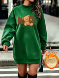 NICE Letter Bear Print Half-Turtleneck Long -Lined Sweatshirt for Women, Autumn/Winter Loose Fit Casual Sweatshirt Dress - Green