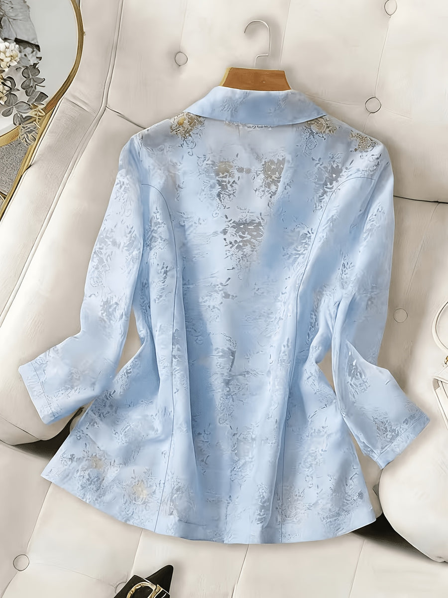 Western Women'S Light Blue Cutout Mini Suit Jacket, Long Sleeve Thin Single-Button Lapel Casual Commuter Blazer, All-Season Wear - Light Blue