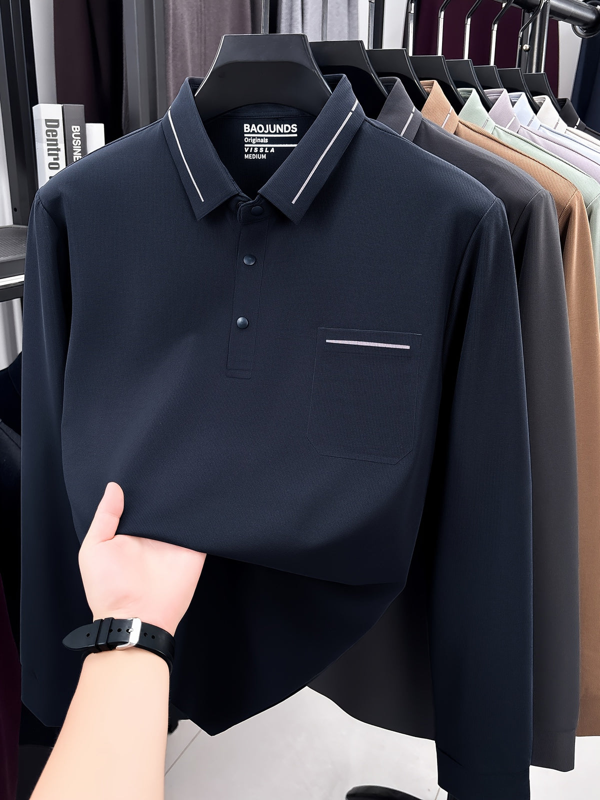 Autumn New Arrival Men's Fashion Long-Sleeve Polo Shirt, Versatile Casual Button- Lapel Seamless Men's Long-Sleeve Top, Suitable for Business Casual Outings, Dates, and Walks, an Essential Top for Casual Attire - On Cyan