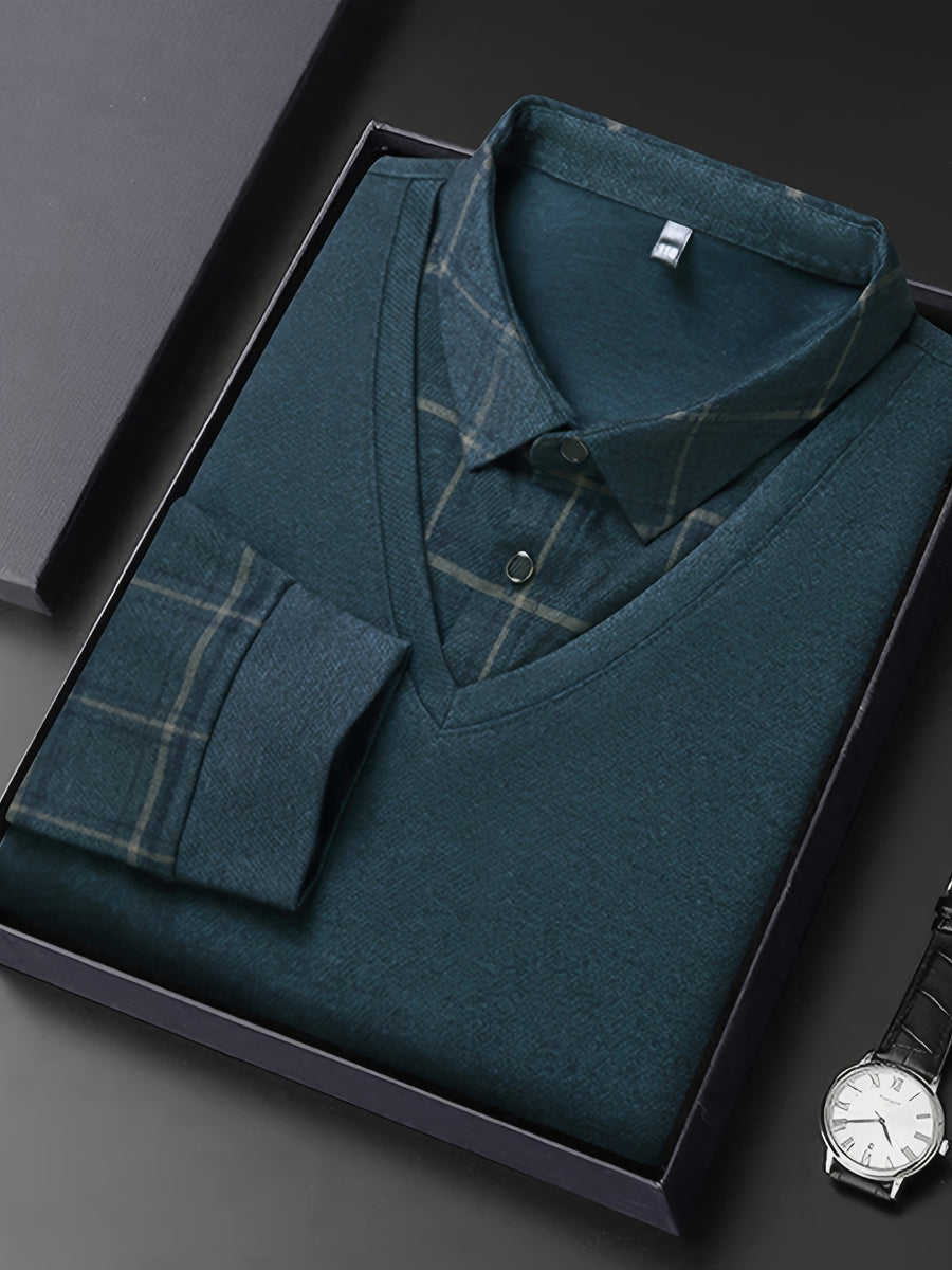 Striped Long-Sleeve Men'S Faux Two-Piece Top, Thin Autumn Winter Base Layer T-Shirt - Dark Green