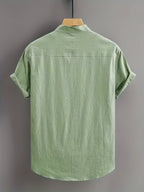 Men'S Summer Solid Color Casual Short Sleeve Shirt Pocket Design Breathable And Comfortable Fabric Beach Vacation Casual Top Daily Versatile Commute Shirt - Matcha Color