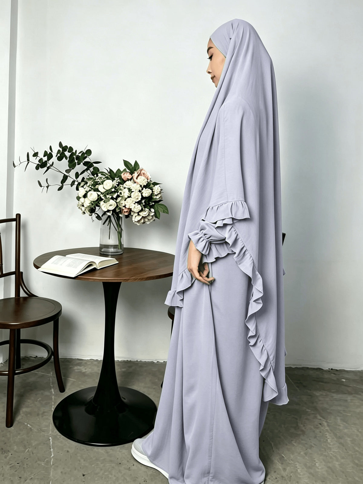 2pcs Set: Middle East Dubai 2pcs Set, Including 1 Solid Color Long Headscarf + 1 Long Robe, Women's Fashion Loose Robe Ramadan Prayer Outfit - Light Grey