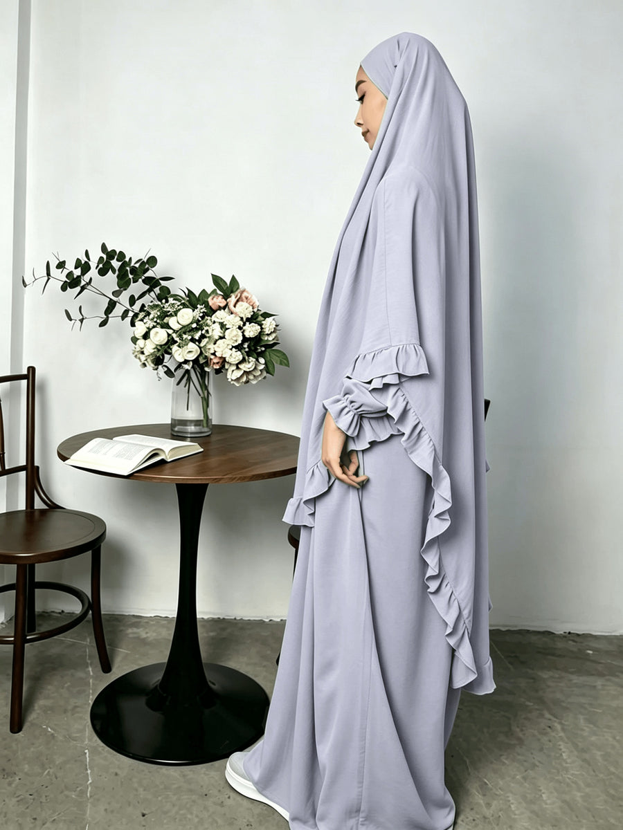 2pcs Set: Middle East Dubai 2pcs Set, Including 1 Solid Color Long Headscarf + 1 Long Robe, Women's Fashion Loose Robe Ramadan Prayer Outfit - Light Grey