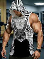 Men'S Sleeveless Hooded Top Black And White Ethnic Style Print Design Trendy And Personalized Suitable for Daily Casual Wear Show Unique Fashion Taste - Mixed colors