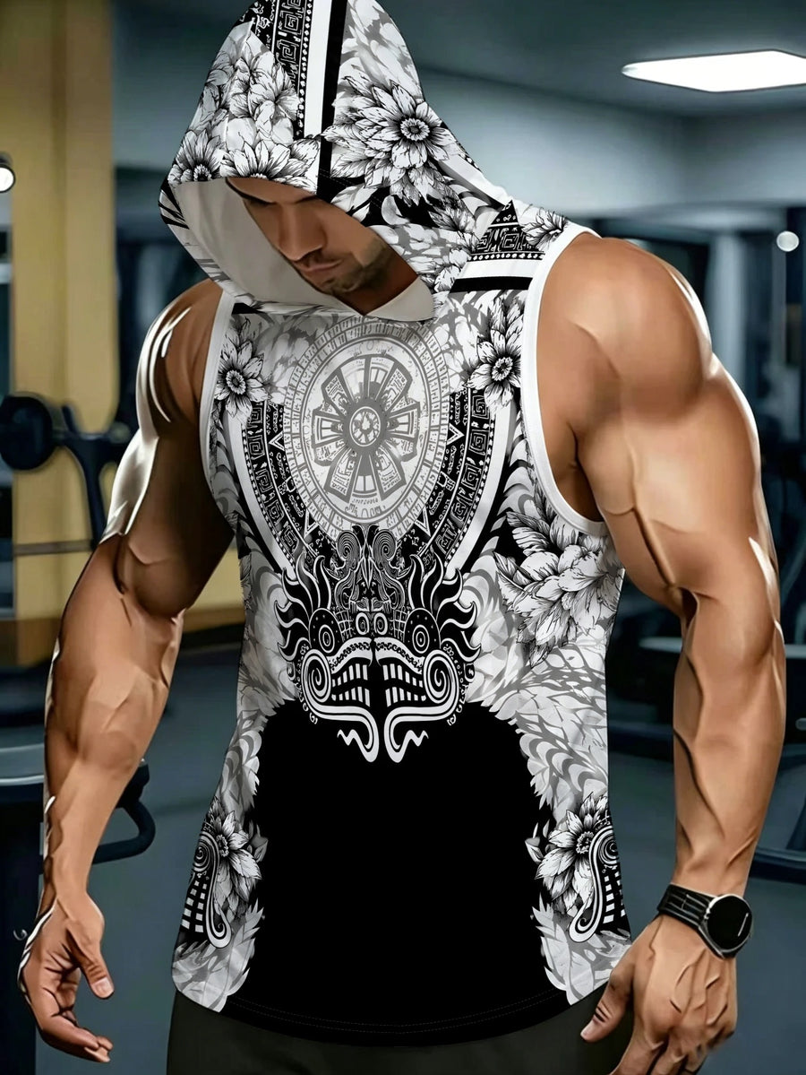 Men'S Sleeveless Hooded Top Black And White Ethnic Style Print Design Trendy And Personalized Suitable for Daily Casual Wear Show Unique Fashion Taste - Mixed colors