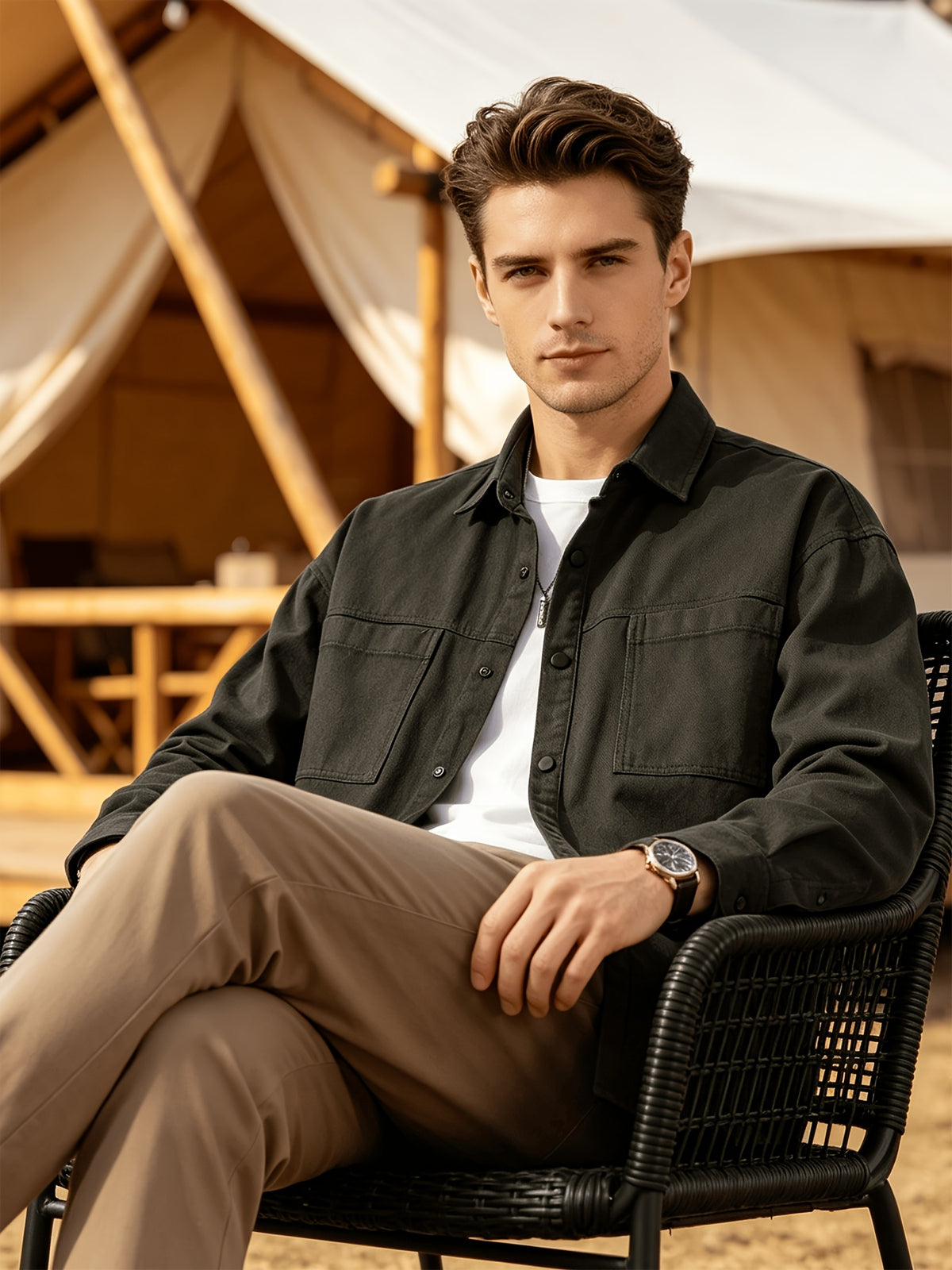 Men'S Cargo Long Sleeve Shirt, Pure Casual Blouse Loose Multi-Pocket Design Breathable Durable Fabric Street Outing Light Outdoor Camping Versatile Casual Top - fern green
