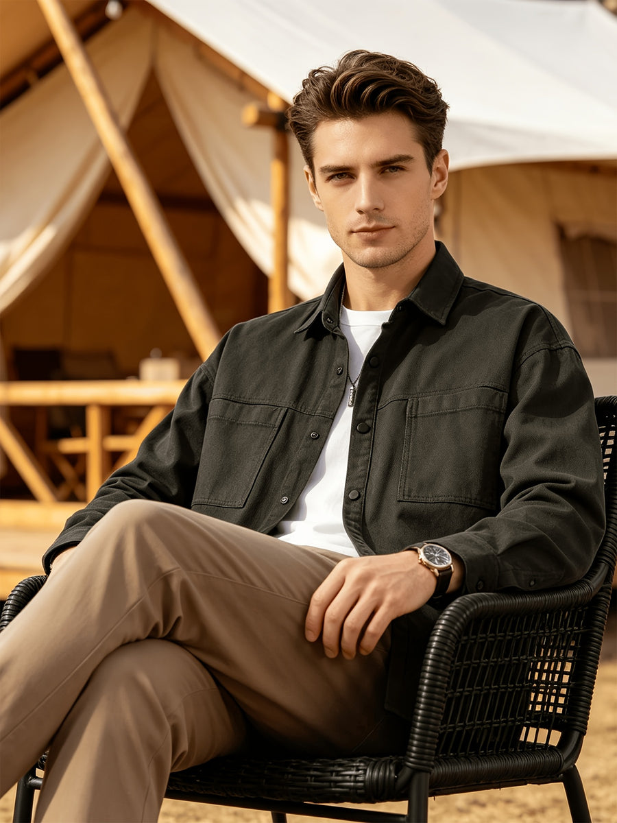 Men'S Cargo Long Sleeve Shirt, Pure Casual Blouse Loose Multi-Pocket Design Breathable Durable Fabric Street Outing Light Outdoor Camping Versatile Casual Top - fern green