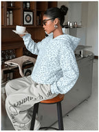 Women's Sweatshirt, Casual and Simple College-style Retro Leopard Sweatshirt[Printed Design-not Textured] - Light Blue