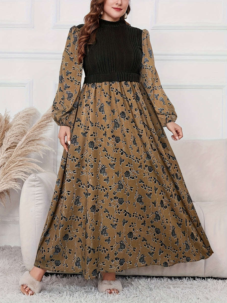 Plus Size - Plus Size - 2025 New Patchwork Fabric Design Floral Print Long Lantern Sleeves Small Stand-Up Collar Waist Slim Dating Travel Elegant Large Size Women'S Dress - Yellowish-brown