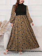 Plus Size - Plus Size - 2025 New Patchwork Fabric Design Floral Print Long Lantern Sleeves Small Stand-Up Collar Waist Slim Dating Travel Elegant Large Size Women'S Dress - Yellowish-brown