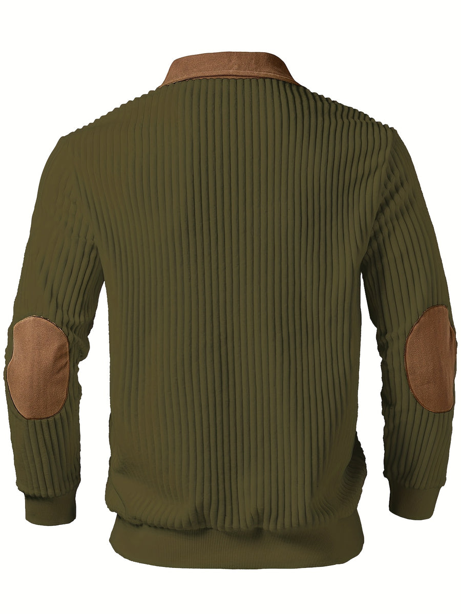 Men's Color-Block Design Casual Stand Collar Pullover - Ribbed Color-Block Patchwork, Thick and Warm Pullover, Stand Collar with Zipper Design, Suitable for Daily Casual Fashion, Simple and Versatile for Outings and Commuting, Long-Sleeve Pullover - Olive
