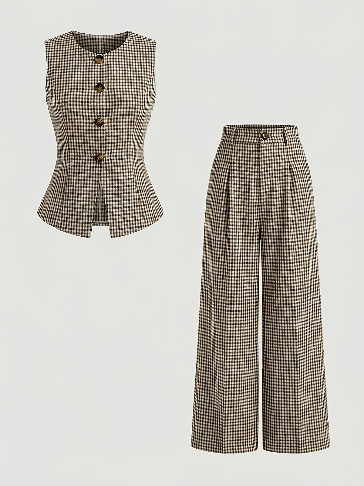 2026 Trendy Retro Plaid Sleeveless Suit Jacket And Long Pants Set, High-Waist Button Detail Fashionable Versatile Two-Piece Suit, Suitable for Casual Vacation Wear, Elegant Temperament Spring Summer Suit, Commuter Style, Music Festival Attire, YYTT - Coffee Color