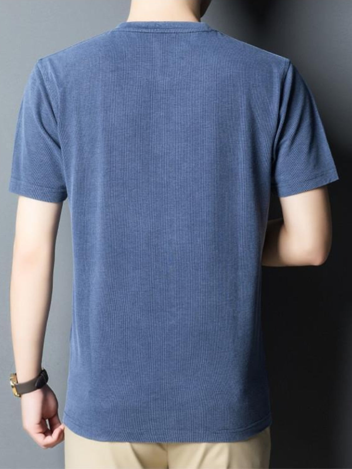 New Summer Men's Short-Sleeve Henley Shirt with Washed Distressed Finish, Waffle Knit Texture, Business Casual T-Shirt with Pocket - Navy Color