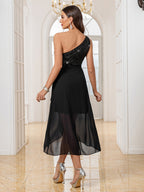 New Sequined Women's One-Shoulder High-Waist Wedding Attire, Women's Formal Evening Gown, Dress Suitable for Curvy Figures, Formal Gown, Elegant Formal Evening Dress for Dinner Parties, Balls, and Guest Attire, Evening Ball Gown - Black