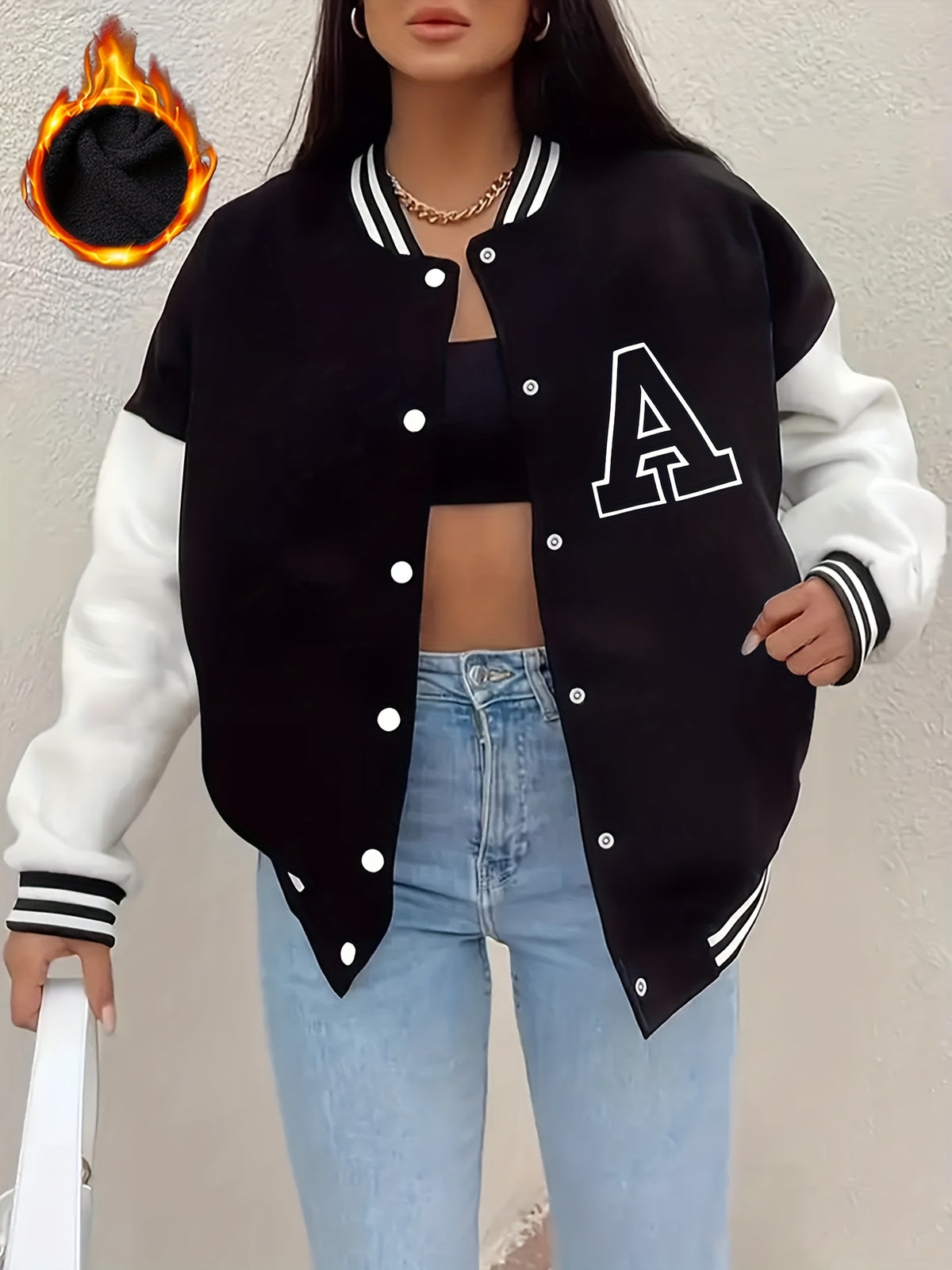 Women'S Fleece Baseball Jacket with Street-Style Letter A Print, Featuring Snap Buttons, Perfect for Casual Outdoor Sports in Autumn And Winter, Suitable for Everyday Wear - Black