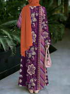 New Middle Eastern Style Muslim Elegant Robe, Retro Vine Floral Print Women'S Long Dress, Side Stripe Decorative Design, Long Sleeve Loose Flowing Cut, Conservative And Modest, Suitable for Prayer, Outings, Family Gatherings - Mixed colors