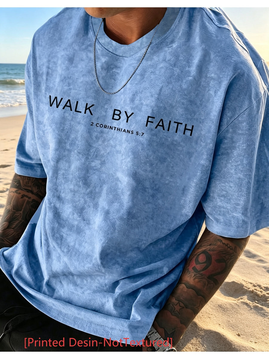 [Print Design - Non-Textured] Men'S Round Neck Drop Shoulder T-Shirt, Digital Print, No Texture, 100% Polyester, Sweat-Absorbent And Breathable, Men'S Washed Short Sleeve T-Shirt - Retro Distressed Style with Inspirational Slogan Print, Loose Fit - Light Blue