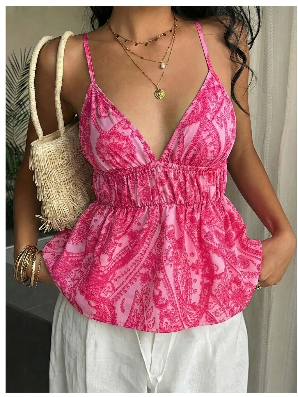Elegant Exquisite Women's Pink Print Deep V-Neck Spaghetti Strap Elastic Waist Ruffle Hem Sleeveless Top Fashion Temperament Piece for Vacation Beach Party Casual - Red