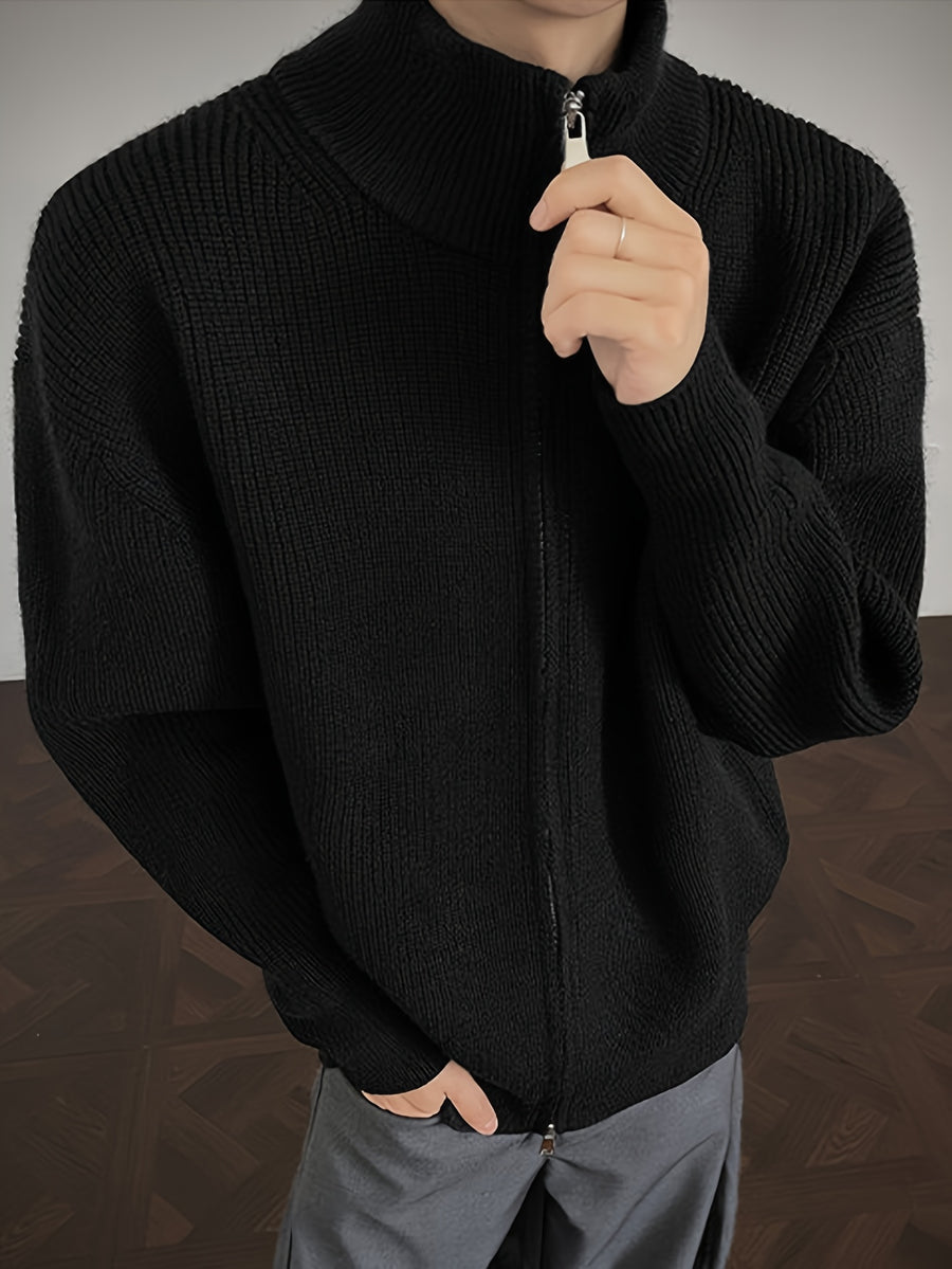 Men'S Fashion High-Weight Solid Color Casual Sweater Cardigan, Loose Fit. Suitable for Autumn Winter Daily Casual Wear, Knit - Black