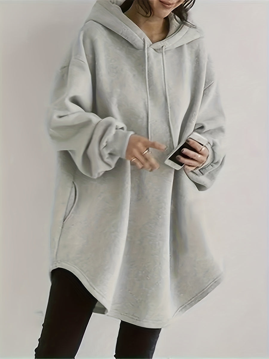 Plus Size, Women's Soft Hooded Sweatshirt - Comfortable Long Bell Sleeve Pullover, Drop Shoulder Design, Autumn Winter Casual , Machine Washable Durable Comfort Fabric - Light Grey